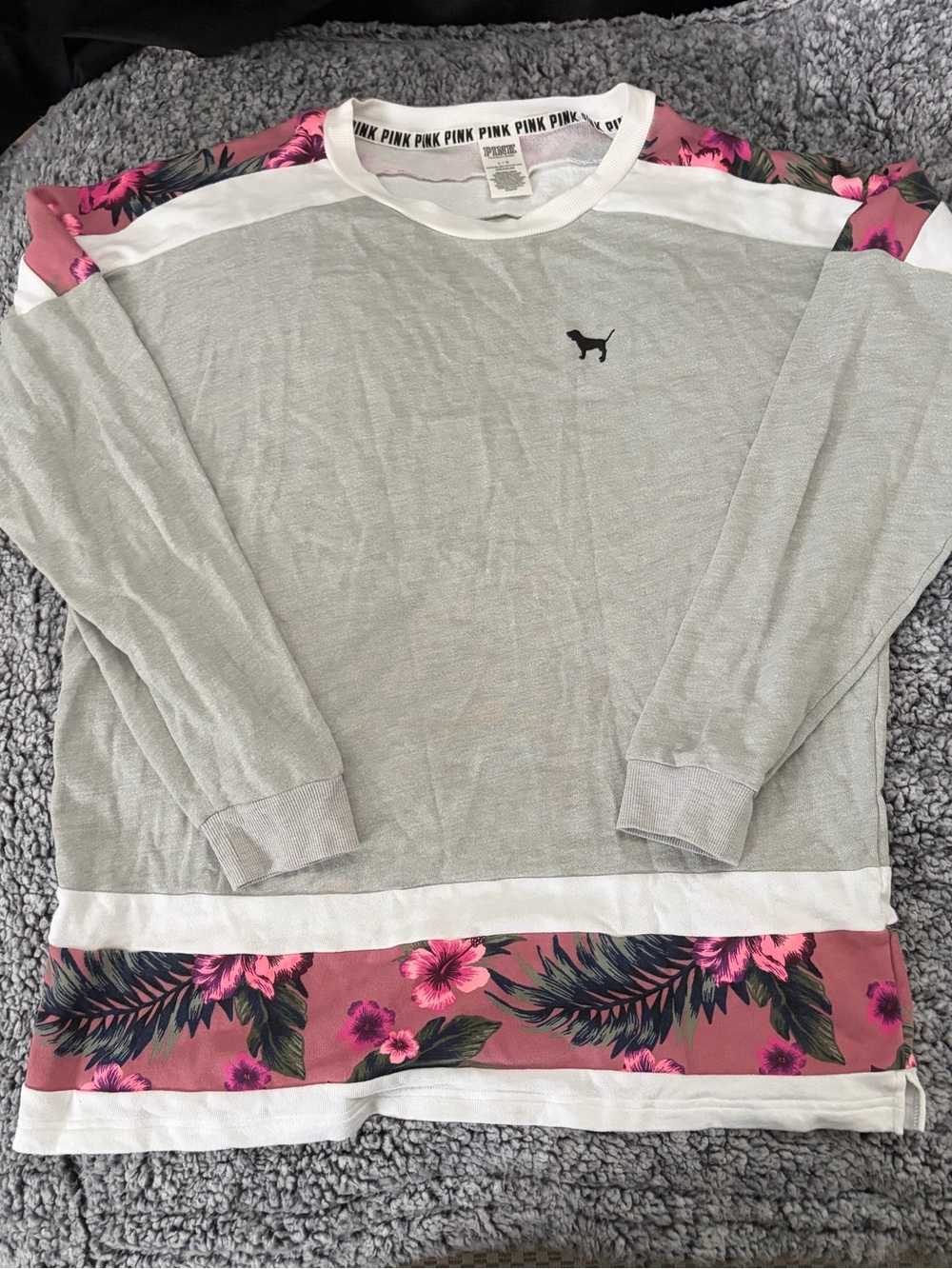 PINK Victoria's Secret Gray Crewneck Sweater with Pink Floral Trim